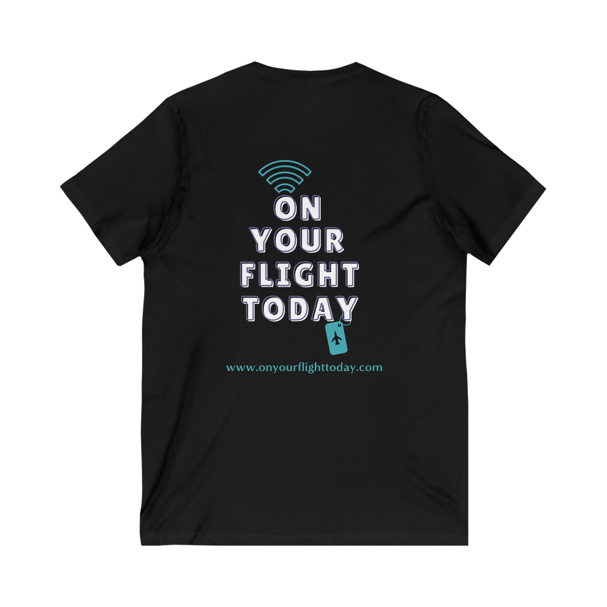 Black back of tee with the On Your Flight Today logo 