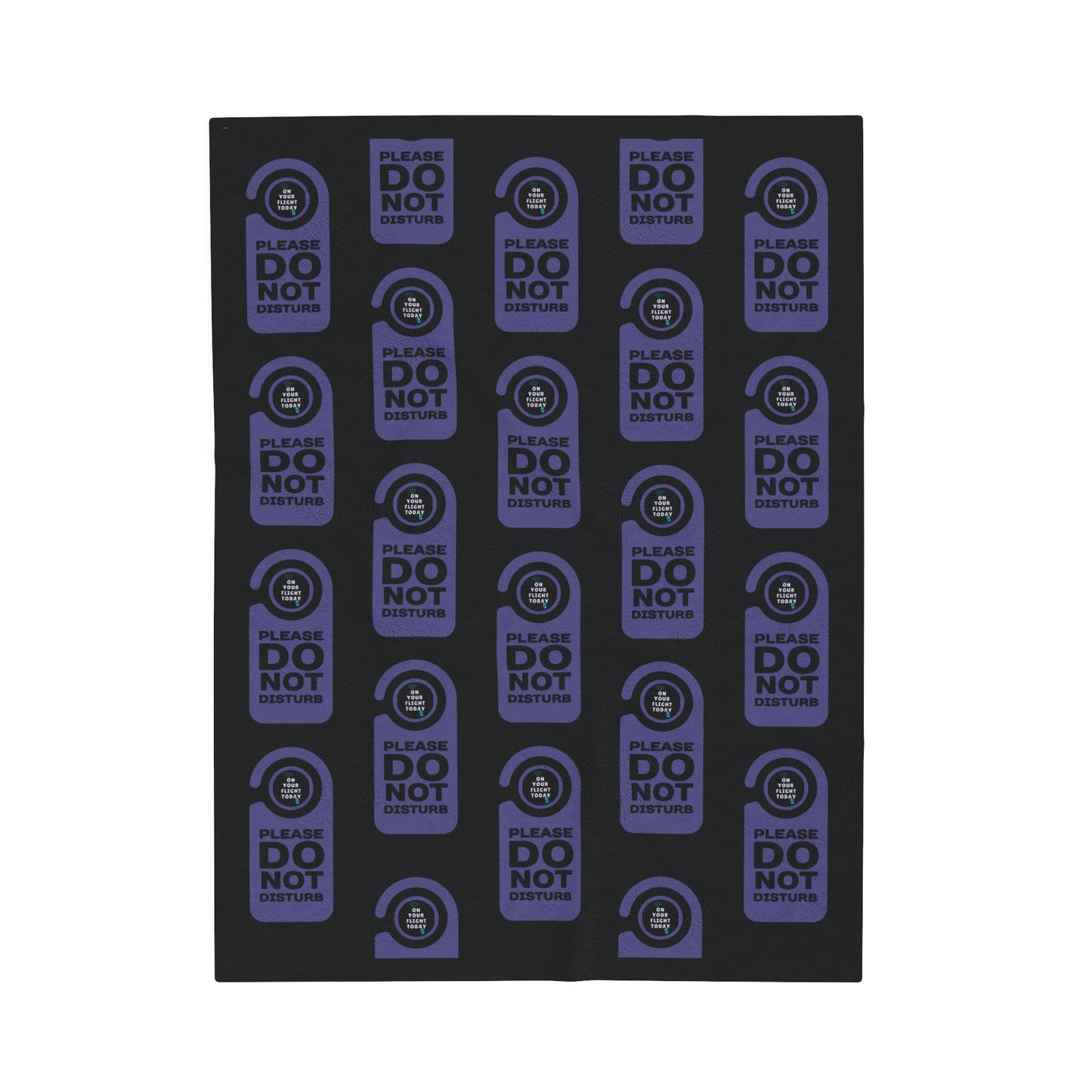 Black blanket with a repeated image of a door do not disturb tag with text 'Please do not disturb' in purple and the OYFT logo where the door knob would be. 