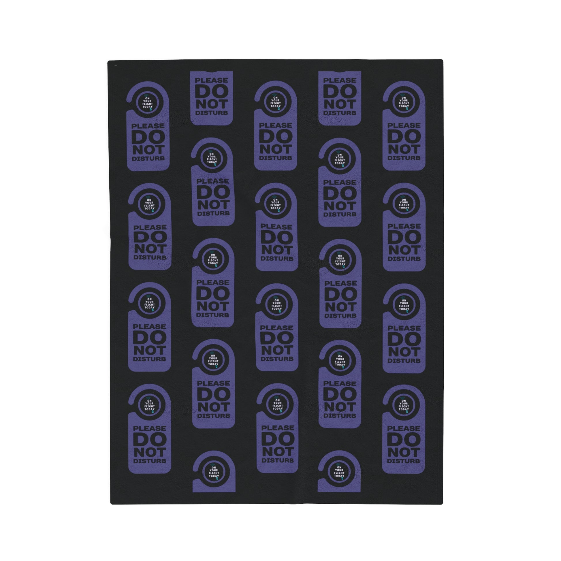 Black blanket with a repeated image of a door do not disturb tag with text 'Please do not disturb' in purple and the OYFT logo where the door knob would be. 
