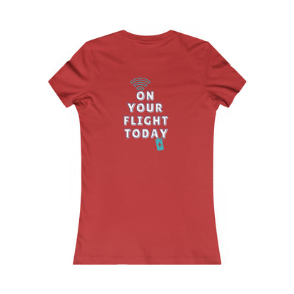 Red back of tee with the On Your Flight Today logo 