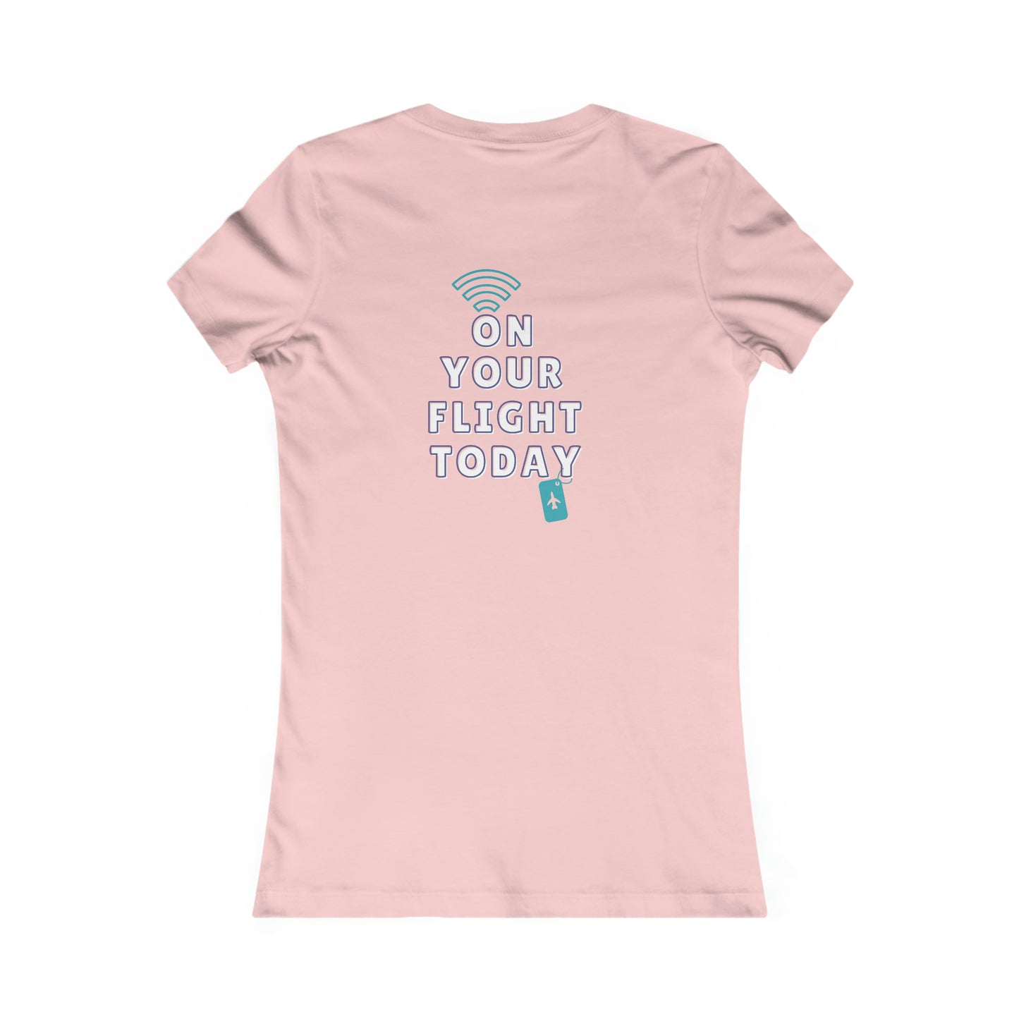 Pink back of tee with the On Your Flight Today logo 