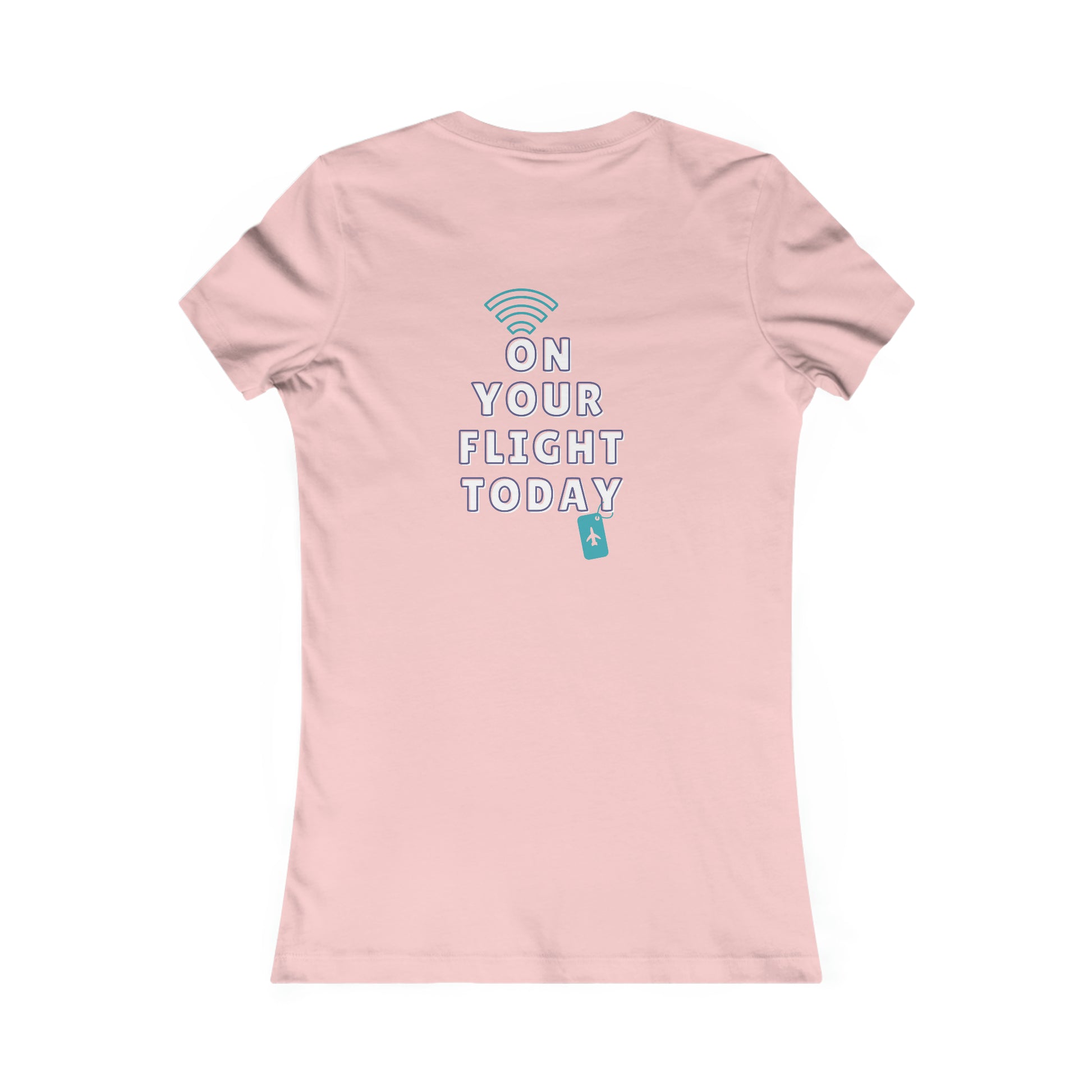 Pink back of tee with the On Your Flight Today logo 