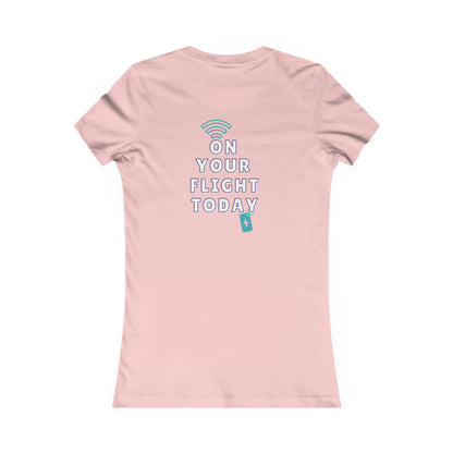 Pink back of tee with the On Your Flight Today logo 