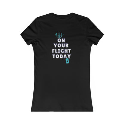 Black back of tee with the On Your Flight Today logo 