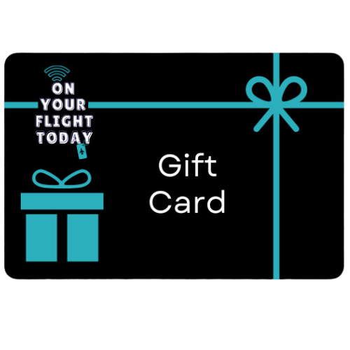 On Your Flight Today gift with black background and green bow and green gift images with text 'Gift Card' in the center. 