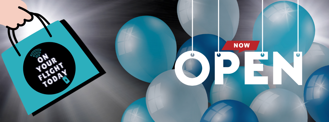 Hand holding OYFT shopping bag with blue and white balloons on right hand side with the text 'Now open' 